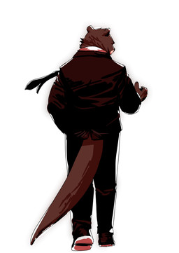 anthro black_bottomwear black_clothing black_necktie black_pants black_shirt black_topwear bottomwear brown_body brown_fur clothing footwear fur male multicolored_body multicolored_clothing multicolored_footwear multicolored_shoes necktie otter_tail pants rear_view shirt shoes simple_background solo suit tail tan_body topwear two_tone_body white_background wonder3mporium echo_(game) echo_(series) echo_project sydney_bronson mammal mustelid otter absurd_res hi_res