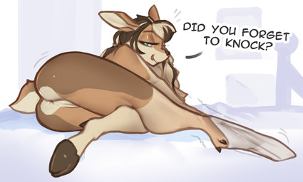 anthro anus bedroom_eyes biped blonde_hair bottomless bottomwear brown_body brown_fur butt changing_clothing clothed clothing dialogue female fur genitals hair looking_at_viewer narrowed_eyes rear_view seductive simple_background smile smiling_at_viewer solo tail tongue tongue_out underwear vulva sackrany mocha_(raveger) deer mammal