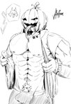 ambiguous_gender anthro balls bodily_fluids clothed clothing erection food for_a_head fruit genital_fluids genitals hair holidays jack-o'-lantern looking_at_viewer male male/ambiguous muscular nipples not_furry nude open_clothing open_shirt open_topwear pecs penis plant pumpkin pumpkin_head shirt simple_background smile solo_focus tattoo topwear steffansheep halloween object_head digital_media_(artwork) hi_res