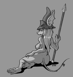 5_fingers 5_toes accessory anthro big_breasts big_butt bow_(feature) bow_accessory bow_ribbon breasts butt claws clothing feet female finger_claws fingers furgonomics grey_background hair half-closed_eyes hand_on_leg hand_on_thigh hat hat_only headgear headgear_only headwear headwear_only holding_object holding_weapon long_hair looking_away looking_back melee_weapon mostly_nude narrowed_eyes polearm rear_view ribbons scar simple_background sitting solo spear tail tail_accessory tail_bow tail_ribbon toe_claws toes weapon onihidden final_fantasy final_fantasy_ix square_enix freya_crescent burmecian mammal murid rodent 2020 greyscale hi_res monochrome
