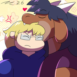anthro bite biting_another black_hair blonde_hair brown_body chibi clothing cute_fangs duo eyes_closed eyewear fangs glasses hair male shirt sweater teeth topwear wearing_glasses dirtymac mac-daddy mythology dragon human mammal mythological_creature mythological_scalie scalie 1:1 absurd_res hi_res