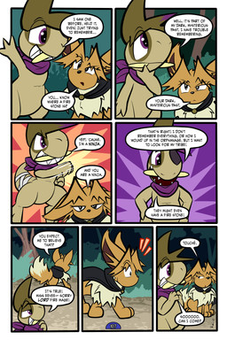 7_panel_comic ambiguous_gender bandage biped black_cape black_clothing black_eyes black_nose black_text brown_body brown_fur brown_hair cape clenched_teeth clothing day dialogue duo ellipsis exclamation_point eye_patch eyebrows eyelashes eyewear feral fist fluffy fluffy_tail forest fur hair half-closed_eyes looking_at_another motion_lines mouth_closed narrowed_eyes neck_tuft one_eye_obstructed open_mouth open_smile outside page_number paws plant pupils purple_eyes purple_scarf quadruped question_mark raised_arms scarf sharp_teeth shrub smile speech_bubble standing tail talking_to_another teeth text thinking toony translucent translucent_hair tree tuft tusks white_sclera virmir nintendo pokemon pokemon_mystery_dungeon spike_chunsoft virmir_(character) zinc_(zincxiron) axew eevee generation_1_pokemon generation_5_pokemon pokemon_(species) 2025 2:3 absurd_res comic english_text hi_res signature male_(lore)