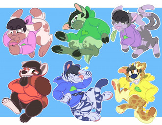 2_tails alternate_species anthro ball baseball_(ball) black_hair blue_background blue_body blue_fur bottomless brown_body brown_fur clothed clothing eyewear featureless_crotch fur group hair hoodie hoodie_only hooves horn looking_aside male multi_tail one_eye_closed pawpads simple_background smile striped_body stripes sunglasses surprised tail tired topwear topwear_only whiskers hyena_carnevale mr._osomatsu choromatsu_matsuno ichimatsu_matsuno jyushimatsu_matsuno karamatsu_matsuno osomatsu_matsuno todomatsu_matsuno ailurid bovid canid canine canis caprine domestic_cat domestic_dog felid feline felis goat lagomorph leporid mammal pantherine rabbit red_panda tiger 2017 digital_media_(artwork)