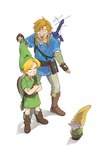 annoyed boots clothing duo footwear garden_gnome humanoid_pointy_ears light_body light_skin male not_furry open_mouth pointy_ears shoes simple_background square_crossover eunjuragi breath_of_the_wild nintendo ocarina_of_time the_legend_of_zelda link young_link elf humanoid hylian