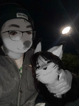 angel_fangs_piercing bangs beanie black_hair clothing duo een_(latelattes) eyewear facial_piercing female fluffy fur glasses grey_body grey_fur hair hand_on_neck hat headgear headwear irl_trace lip_piercing male male/female manhandling medium_hair night outside piercing romantic romantic_couple latelattes latte_(latelattes) aquatic domestic_cat felid feline felis harbor_seal mammal pinniped seal 3:4 absurd_res bust_portrait draw_over hi_res portrait