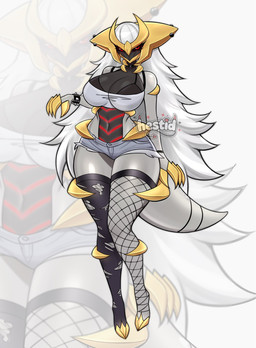anthro blowup_background bottomwear breasts clothing female fishnet_clothing grey_body hair legwear long_hair looking_at_viewer navel pokemorph red_eyes shorts simple_background small_waist solo thick_thighs thigh_highs torn_clothing white_hair wide_hips hestid nintendo pokemon altered_forme_giratina generation_4_pokemon giratina legendary_pokemon pokemon_(species) hi_res