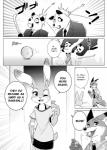 anthro blueberry_(fruit) dialogue female food fruit fur male plant text namagakiokami disney zootopia finnick_(zootopia) judy_hopps nick_wilde tracy_siren bear canid canine fennec_fox fox giant_panda lagomorph leporid mammal rabbit red_fox true_fox comic english_text hi_res monochrome