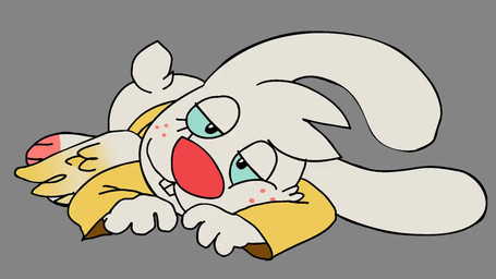 anthro big_butt black_eyes blue_sclera bottomless bottomless_anthro bottomless_female buckteeth butt cartoon_freckles clothed clothing eyelashes feathered_wings feathers female freckled_face freckles front_view fur grey_background head_tuft looking_at_viewer lying on_front pink_nose shaking_butt simple_background smile solo teeth tuft white_body white_fur wings yellow_body yellow_clothing yellow_feathers crazymazies angel_hare the_east_patch angel_gabby angel lagomorph leporid mammal rabbit 16:9 2d_animation animated frame_by_frame no_sound short_playtime video widescreen
