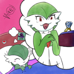 bed blush bodily_fluids chest_spike crying dream duo eyes_closed female furniture green_body green_hair hair hair_over_eye happy markings marriage_proposal night pillow pointy_ears red_eyes ring_(marking) sleeping smile spikes spikes_(anatomy) spread_legs spreading stickers_on_object tears tears_of_joy white_body tastysnackb3 nintendo pokemon gardevoir generation_3_pokemon humanoid mammal pokemon_(species) 1:1 absurd_res hi_res