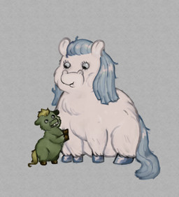 ambiguous_feral ambiguous_gender blonde_hair blue_hair blue_hooves blue_tail brown_hooves duo eye_contact eyelashes feral fur green_body green_fur grey_background hair hooves looking_at_another mouth_closed on_hind_legs simple_background tail teeth white_body white_fur yellow_tail young young_ambiguous young_feral botones fluffy_pony fluffy_pony_(species) mammal 2026 digital_media_(artwork)