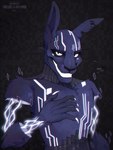 anthro black_eyes black_nose claws electricity fingers fur glitch glowing glowing_body glowing_claws glowing_eyes glowing_teeth grey_background grey_body half-closed_eyes hand_on_chest happy long_ears looking_at_viewer male multicolored_body narrowed_eyes nude pecs pixelated_background pose pupils purple_body purple_ears purple_fur raised_arm shadow simple_background small_pupils smile smiling_at_viewer solo teeth santanahoffman five_nights_at_freddy's five_nights_at_freddy's:_security_breach five_nights_at_freddy's:_security_breach_ruin scottgames steel_wool_studios mxes_(fnaf) lagomorph leporid mammal rabbit 2023 absurd_res detailed digital_media_(artwork) hi_res portrait signature