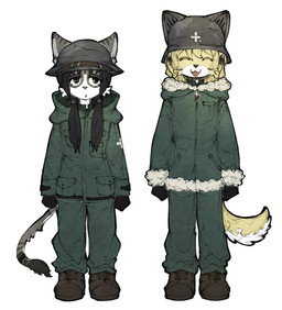 :3 :o alternate_species anthro armor black_eyes black_hair black_nose blonde_hair boots bottomwear cheek_tuft clothed clothing coat duo facial_tuft fangs female female_anthro footwear fur furrification gloves grey_body grey_fur hair handwear headgear helmet military_clothing military_jacket military_uniform open_mouth pink_nose shoes short_hair simple_background smile stahlhelm standing tail tan_body tan_fur teeth topwear tuft twintails_(hairstyle) uniform white_body white_fur srmk0 shoujo_shuumatsu_ryokou chito_(shoujo_shuumatsu_ryokou) yuuri_(shoujo_shuumatsu_ryokou) canid canine canis domestic_cat domestic_dog felid feline felis mammal digital_media_(artwork) hi_res