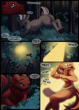 anthro bottomwear clothing feral fur kidnapping knife loincloth male night orange_eyes red_body red_fur conrie alien canid canine canis deer mammal wolf 2025 absurd_res comic hi_res
