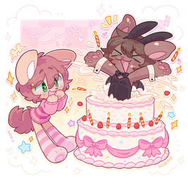 >o< accessory ambiguous_gender anthro bangs black_clothing black_leotard blush blush_lines brown_eyebrows brown_hair cake clothed clothing dessert duo eyebrows eyes_closed fake_ears fake_rabbit_ears female food fruit green_eyes hair hair_accessory hairclip happy legwear leotard looking_at_another membrane_(anatomy) membranous_wings open_mouth pantsless pattern_clothing pattern_legwear pattern_stockings pawpads pink_clothing pink_pawpads pink_sweater pink_topwear plant pop_out_cake short_hair small_wings stockings strawberry striped_clothing striped_legwear striped_stockings stripes sweater tail topwear wings louloous bat canid canine canis domestic_dog mammal absurd_res hi_res