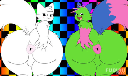 anthro anus blue_ears butt butt_focus butt_grab duo gradient_background green_body hand_on_butt looking_back male male/male open_mouth rear_view simple_background spread_anus spread_butt spreading tongue two_tone_tail white_body wolfe_fubuki boy_kisser_(meme) don't_touch_my_pizza_(meme) nyanwolf kevin_(nyanwolf) silly_cat_(mauzymice) canid canine canis domestic_cat felid feline felis mammal wolf meme