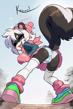 anthro beanie black_body butt camel_toe clothed clothing fangs female genitals gloves hair handwear hat headgear headwear kerchief knee_highs legwear looking_at_viewer low-angle_view mittens neckerchief neckwear obscured_inner_labia one_eye_closed pink_clothing pink_gloves pink_handwear presenting presenting_hindquarters purple_eyes skunk_tail snow solo tail teeth upskirt vulva white_hair white_striped_fur wink winking_at_viewer winter young kasumin_(artist) breezy_the_skunk_(kasumin) mammal mephitid skunk 2:3