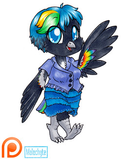 anthro avian_feet beak biped black_body blonde_hair blue_eyes blue_hair bottomwear breasts chibi claws clothed clothing countershade_torso countershading dwarfism eyebrow_through_hair eyebrows feathered_wings feathers female front_view green_hair hair looking_at_viewer multicolored_body multicolored_hair open_mouth open_smile shirt short_hair shortstack simple_background skirt smile solo tail tail_feathers toe_claws topwear translucent translucent_hair two_tone_body walking white_background white_body winged_arms wings malachyte avian bird corvid corvus_(genus) crow oscine passerine 2016 hi_res marker_(artwork) traditional_media_(artwork)