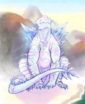 beach claws eyes_closed female feral glowing happy nude quadruped relaxing scales simple_background sitting smile solo spikes spikes_(anatomy) tail white_body faemothra godzilla_(series) monsterverse toho shimo_(kaiju) kaiju monster scalie hi_res