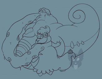 3_fingers anthro big_breasts big_butt big_tail biped breasts butt butt_grab countershade_tail countershading curled_tail duo fat_neck female female/female female_anthro fingers food force_feeding forced grin hand_on_butt huge_butt jack-o'-lantern larger_sub morbidly_obese morbidly_obese_anthro morbidly_obese_female obese obese_anthro obese_female overweight overweight_anthro overweight_female sitting size_difference smile spiral_markings standing submissive tail thick_tail strawberrymilkdog nintendo pokemon alcremie food_creature generation_6_pokemon generation_8_pokemon goo_creature goodra living_pumpkin pokemon_(species) 2023 black_and_grey hi_res line_art monochrome unfinished