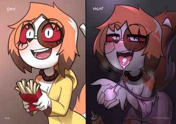 anthro clothing coat eyewear female food fries glasses nightgown raincoat red_sclera small_waist solo suggestive suggestive_food topwear jizoku mythology sol_(jizoku) canid canid_demon canine demon hellhound mammal mythological_canine mythological_creature absurd_res hi_res