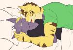 anthro bed bedding blanket clothed clothing cuddling duo eyebrows eyes_closed furniture licking love male male/male pillow shaking shivering simple_background suggestive thick_eyebrows tongue tongue_out white_background paomer morenatsu shin_(morenatsu) torahiko_(morenatsu) domestic_cat felid feline felis mammal pantherine tiger