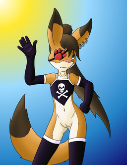 anthro black_body bottomless bottomless_female brown_hair clothed clothing crop_top ear_piercing eye_patch eyewear female flat_chested footprint genitals gesture gloves hair handwear legwear long_hair multicolored_body navel one_eye_obstructed outside pawprint piercing pirate ponytail red_body shirt simple_background skull_and_crossbones solo standing stockings sun topwear vulva waving white_body young young_anthro young_female danaume canid canine fox mammal hi_res