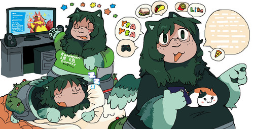 breasts clothing computer_screen eyewear female food freckles fungus fur glasses green_body green_fur green_tail green_wings mushroom pawpads pointed print_clothing print_shirt print_t-shirt print_topwear sandwich_(food) shirt simple_background sleeping smile snoring solo sound_effects star t-shirt taco tail topwear vowelless vowelless_sound_effect white_background wings wings_folded zzz twigsyy katamari_damacy humanoid hi_res