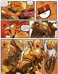 5_fingers 5_toes abs angry ankle_wraps anthro armor axe battle_axe blep broken_teeth brown_eyebrows brown_eyes brown_hair bulging_vein claws clothing dialogue ear_piercing ear_ring eye_scar eyebrows eyelid_pull eyelid_pull_taunt face_punch facial_scar feet female female_anthro finger_claws fingerless_gloves fingerpads fingers fur gauntlets_(weapon) gesture gloves grin group hair handwear male male_anthro motion_blur motion_path nipples orange_body orange_fur orange_hair pawpads piercing plantigrade_pawpads prosthetic prosthetic_hand ring_piercing scar sharp_teeth shield smile speech_bubble stirrup_footwear tail tan_body tan_fur taunting tears_of_pain teeth text toe_claws toes tongue tongue_out trio uppercut veiny_neck weapon_prosthetic wraps wrist_wraps yellow_eyes ceehaz dog_knight_rpg maci_(ceehaz) nix_(ceehaz) canid canine canis domestic_dog herding_dog hyena mammal pastoral_dog pomeranian spitz spotted_hyena welsh_corgi 2025 absurd_res comic english_text hi_res