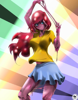 blue_bottomwear blue_clothing blue_eyes blue_skirt bottomwear clothed clothing dancing female not_furry pink_goo shirt skirt slime solo topwear yellow_clothing yellow_shirt yellow_topwear nyakura goo_creature humanoid hi_res source_request