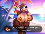 anthro backpack beach beak big_breasts bikini bikini_top blonde_hair blue_eyes blurred_background breasts brown_body brown_fur brown_hair clothing crossgender curvy_figure dialogue duo feathers female feral fur hair half-closed_eyes hourglass_figure huge_breasts jewelry leaning leaning_forward looking_at_viewer mtf_crossgender multicolored_body multicolored_feathers multicolored_hair narrowed_eyes necklace nipple_outline open_mouth palm_tree plant red_body red_feathers red_hair seaside suggestive_dialogue swimwear talking_to_viewer text thick_thighs tree two-piece_swimsuit two_tone_body two_tone_feathers two_tone_hair wide_hips yellow_beak yellow_body yellow_feathers dracojeff banjo-kazooie rareware banjo_(banjo-kazooie) kazooie avian bear breegull mammal 2023 4:3 english_text