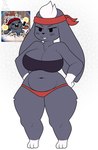 accessory anthro big_breasts big_ears black_eyes blush blush_lines breasts buckteeth cleavage clothed clothing female floppy_ears front_view fur gloves_(marking) grey_body grey_fur hand_on_hip head_tuft headband huge_breasts leg_markings lop_ears markings navel panties pattern_background purple_clothing purple_topwear red_clothing red_headband red_panties red_underwear simple_background socks_(marking) solo teeth thick_thighs topwear tuft underwear white_background white_body white_fur wide_hips poisonmirror riot_games tencent valorant tactibunny_(valorant) lagomorph leporid mammal rabbit hi_res