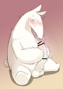 anthro autofellatio balls big_penis blush blush_lines censored_genitalia censored_penis erection foreskin genitals huge_penis humanoid_genitalia humanoid_penis male male_anthro masturbation oral oral_masturbation penetration penile penile_masturbation penis pose solo tail tongue tongue_out urethral urethral_bulge urethral_masturbation urethral_penetration urethral_tonguing white_body manmosu_marimo ponos_corp. the_battle_cats master_a. anteater mammal pilosan xenarthran 2025 censored colored digital_drawing_(artwork) digital_media_(artwork) japanese_description shaded