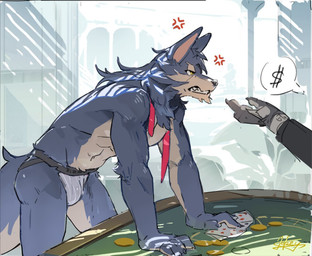 angry anthro athletic athletic_anthro athletic_male black_body black_ears black_fur black_hair black_nose body_hair brown_body brown_eyebrows brown_fur card casino casino_table clenched_teeth clothed clothing coin duo ear_piercing ear_ring eye_scar eyebrows facial_scar fur gambling grey_eyes hair jockstrap jockstrap_only long_hair looking_at_another male male_anthro multicolored_body multicolored_fur muscular pecs piercing ring_piercing scar solo teeth topless two_tone_body two_tone_fur underwear underwear_only lokey hotta_studio neverness_to_everness perfect_world_games skia_(neverness_to_everness) canid canine mammal