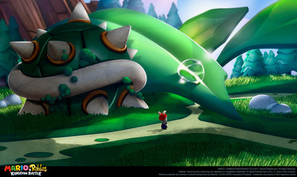 anthro black_clothing black_overalls blue_sky clothed clothed_anthro clothed_male clothing cloud copyright_symbol day evergreen_tree grass green_shell hat headgear headwear leaf light long_ears male outside overalls path pine_tree plant red_clothing red_hat red_headwear rock shell shirtless_anthro shirtless_male sky solo spiked_shell spikes spikes_(anatomy) symbol text tree water year claudia_tuci mario_bros mario_plus_rabbids_kingdom_battle nintendo raving_rabbids rayman_(series) ubisoft rabbid_mario lagomorph mammal rabbid 2018 absurd_res colored crossover digital_drawing_(artwork) digital_media_(artwork) english_description english_text hi_res lighting official_art shaded