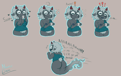 anthro armpit_hair beverage blush bodily_fluids body_hair breasts butt clothing coffee container cup dialogue embarrassed eyewear female fur genital_fluids glasses hair horn messy_hair nude pubes simple_background slightly_chubby solo text tired translucent translucent_clothing vaginal_fluids wool_(fur) nightlyomens cult_of_the_lamb massive_monster_(studio) aniel_(cult_of_the_lamb) bovid caprine ghost mammal sheep spirit comic english_text