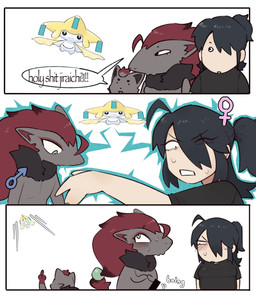 anthro biped black_body black_fur black_hair blush bodily_fluids censor_bar crossgender dialogue erection exclamation_point female ftm_transformation fur gender_transformation gesture green_eyes grey_body grey_fur group hair hand_gesture holidays male middle_finger mtf_transformation multicolored_body multicolored_fur pupils red_body red_fur simple_background speech_bubble sweat text transformation white_background svkhaiminh april_fools'_day nintendo pokemon kel_(svkhaiminh) liam_(svkhaiminh) lidya_(svkhaiminh) generation_3_pokemon generation_5_pokemon human jirachi legendary_pokemon mammal pokemon_(species) zoroark zorua censored comic english_text hi_res