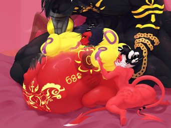 anthro arm_markings arm_tattoo belly_movement big_penis body_worship breast_tattoo breasts breeding_slave breeding_wife butt chain chain_leash chest_markings chest_tattoo collar cuckold cybernetic_arm cybernetic_limb dominant female genital_markings genital_worship genitals glowing glowing_genitalia glowing_markings glowing_penis gold_(metal) gold_chain group huge_penis hyper hyper_genitalia hyper_penis hyper_pregnancy impregnation_count larger_dom larger_male leash licking male male/female male/male markings months_later multi_genitalia multi_penis muscular muscular_anthro muscular_male oral penile penis penis_lick penis_markings penis_worship pregnant pregnant_female sex sex_slave shoulder_markings shoulder_tattoo size_difference slave smaller_female smaller_male tattoo tongue trio womb_tattoo kafiro_element egyptian_mythology hellaverse helluva_boss middle_eastern_mythology mythology nintendo pokemon anubis anubis_rose_(character) millie_(helluva_boss) moxxie_(helluva_boss) canid canine deity eeveelution generation_2_pokemon humanoid imp mammal mythological_canine mythological_creature pokemon_(species) umbreon werecanid werecanine werecreature werewolf 4:3 absurd_res hi_res