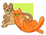 abstract_background ambiguous/ambiguous ambiguous_gender blush blush_lines canon_couple cuddling duo eye_contact feet feral fur green_eyes head_tuft looking_at_another orange_body orange_fur pawpads paws smile tail tan_body tan_fur tuft 6luestar warriors_(book_series) firestar_(warriors) sandstorm_(warriors) domestic_cat felid feline felis mammal 2017 digital_drawing_(artwork) digital_media_(artwork) flat_colors sketch female_(lore) male_(lore)