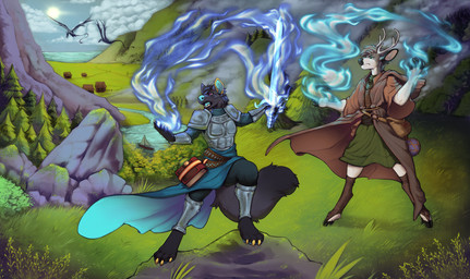 ambiguous_feral ambiguous_gender anthro armor black_body black_fur black_hair blue_tongue boat clothed clothing cloud duo_focus feral fur grass grey_body grey_fur grey_hair group hair holding_melee_weapon holding_object holding_sword holding_weapon magic_user male male_anthro melee_weapon narrowed_eyes open_mouth outside plant red_eyes robe rock standing sword tongue tree vehicle water watercraft weapon white_body white_fur seraphictiger canid canine deer mammal hi_res