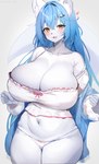 accessory alternate_species anthro big_breasts black_nose blue_hair blush bow_ribbon breasts cleavage clothed clothing female frilly furrification hair hair_accessory hair_intakes half-closed_eyes heart_symbol huge_breasts inner_ear_fluff kemono long_hair looking_at_viewer midriff narrowed_eyes navel off_shoulder open_mouth open_smile panties robe smile smiling_at_viewer solo tail thick_thighs tuft underwear white_body wide_hips yellow_eyes kakuteki11029 hololive vtuber yukihana_lamy canid canine mammal 2023 absurd_res hi_res portrait three-quarter_portrait