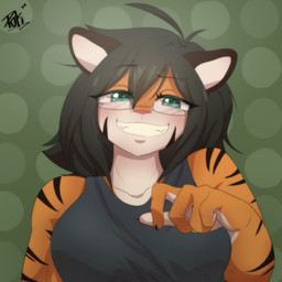 5_fingers anthro black_hair blush breasts clothing eyewear female fingers fur glasses green_eyes hair looking_at_viewer pink_nose rectangular_glasses shirt smile solo striped_body striped_fur stripes tank_top topwear pokisandwich_(artist) bella_(vex714) felid mammal pantherine tiger 1:1 2024 bust_portrait hi_res portrait
