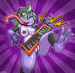 3_fingers 3_toes anthro big_breasts big_butt breasts butt clitoris electronics feet female fingers genitals green_eyes green_hair green_pupils green_sclera hair headgear headphones headset holding_musical_instrument holding_object horizontal_pupils keyboard_instrument keytar long_tongue looking_at_viewer membrane_(anatomy) mostly_nude musical_instrument nipples one_eye_closed pupils purple_background purple_body purple_nipples purple_skin purple_vulva simple_background smile smirk solo thick_thighs toes tongue tongue_out vulva webbed_feet webbed_hands felino pufropi amphibian frog 2026 hi_res