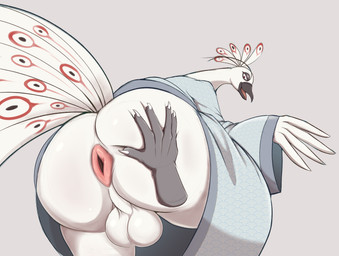 age_difference anthro anus asian_clothing backsack balls big_butt butt clothing east_asian_clothing elderly elderly_male gaping gaping_anus genitals japanese_clothing kimono looking_at_viewer looking_back looking_back_at_viewer male mature_male older_male open_mouth open_smile smile solo spread_anus spread_butt spreading brick_break_after_dark dreamworks kung_fu_panda lord_shen avian hi_res