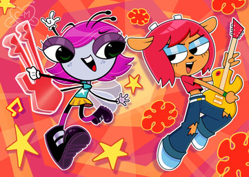 2_horns 4_arms antennae_(anatomy) anthro belt black_boots black_clothing black_footwear black_nose blue_bottomwear blue_clothing blue_eyelids blue_footwear blue_pants blue_shirt blue_shoes blue_t-shirt blue_topwear boots bottomwear bracelet clothing double-neck_guitar duo electric_guitar female footwear freckled_face freckles fur green_bracelet grey_body grey_skin guitar hair half-closed_eyes holding_double-neck_guitar holding_drumstick horn insect_wings jewelry midriff multi_arm multi_limb musical_instrument narrowed_eyes orange_body orange_bottomwear orange_clothing orange_fur orange_skirt pants pink_clothing pink_footwear pink_hair pink_socks plucked_string_instrument purple_eyelids red_clothing red_guitar red_hair red_shirt red_t-shirt red_topwear shirt shoes skirt socks string_instrument t-shirt topwear white_belt white_body white_fur white_horn wings yellow_guitar el_moribundo mags-niac disney parappa_the_rapper sony_corporation sony_interactive_entertainment the_buzz_on_maggie um_jammer_lammy lammy_lamb maggie_pesky arthropod bovid caprine fly_(animal) insect mammal sheep 2025 artist_collaboration crossover hi_res