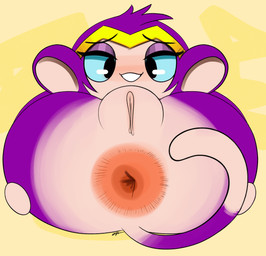 anthro anus anus_focus big_anus big_ears black_eyebrows black_eyes blue_sclera butt crown eyebrows eyelashes female flexible fur genitals glistening glistening_eyes gold_(metal) gold_tiara grin hair head_tuft headgear huge_anus legs_behind_head legs_up lying on_back plump_labia presenting presenting_anus presenting_hindquarters presenting_to_viewer purple_body purple_ears purple_fur purple_hair shortstack shortstack_female smile solo spread_anus spread_butt spreading tan_body tan_inner_ear tan_skin teeth teeth_showing text tiara tuft vulva ota_(artist) shantae_(series) wayforward shantae_(monkey_form) haplorhine mammal monkey primate 2023 artist_name hi_res signature