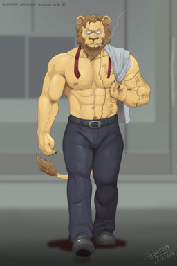 abs anthro biceps bulge cigarette cigarette_in_mouth eyewear glasses male muscular muscular_anthro muscular_male nipples object_in_mouth pecs pubes smoke smoking solo tattoo jabuhusky beastars ibuki_(beastars) felid lion mammal pantherine hi_res