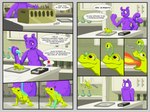 absurd_res alien amphibian anthro comic dialogue drex_(wastelander_drex) english_text frog goo_creature goofur group hi_res laboratory male morphing post-apocalyptic purple_body science scientist slime story text transformation wasteland wastelander_drex wastelanders