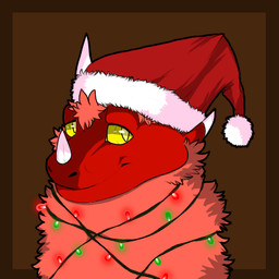 clothing fur hat headgear headwear holidays horn lights looking_aside male red_body red_scales scales simple_background smile solo dahurgthedragon christmas mythology arwuld_ytulan dragon furred_dragon furred_scalie mythological_creature mythological_scalie scalie 1:1 low_res