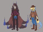 alternate_species anthro clothing cowboy cowboy_hat duo female hair hat headgear headwear long_hair male mask multi_tail tail signirsol undertale_(series) undertale_yellow clover_(undertale_yellow) kanako_ketsukane agamid canid canine fox frilled_lizard lizard mammal reptile scalie 2024