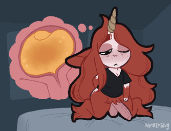 anthro balls big_butt big_penis bladder blush bodily_fluids bottomless bottomless_anthro bottomless_male butt chibi clothed clothing erection femboy freckled_chest freckles full_bladder genital_fluids genitals hair horn huge_butt huge_penis kneeling long_hair male morning_wood omorashi organs penis pubes simple_background solo thick_thighs unicorn_horn urine waking_up wide_hips wonderslug mythology butterscotch_(wonderslug) equid equine mammal mythological_creature mythological_equine unicorn hi_res